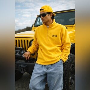 Vintage Jeep Fleece Pullover 1/4 Zip Yellow Made in USA Large Mens